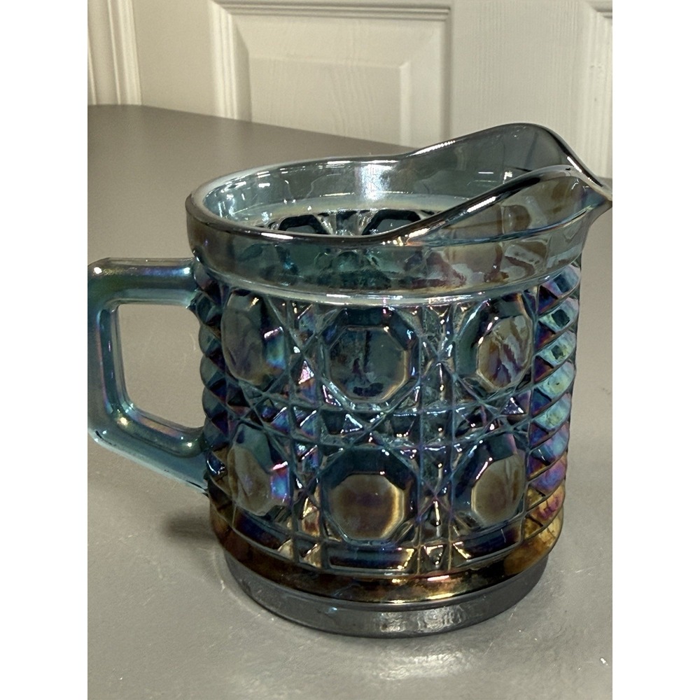 Vintage Indiana Windsor Iridescent Blue Carnival Glass Creamer Pitcher Geometic
